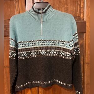 Women’s Teal and Black Sweater with Nordic Pattern medium mock neck zip